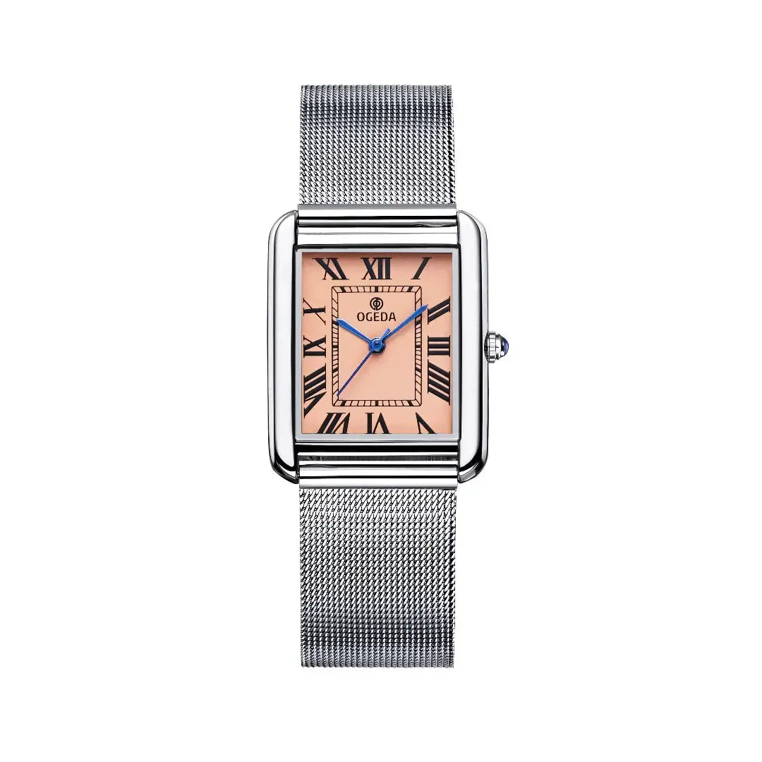 OGEDA couple watch with stainless steel mesh band, square rose dial and blue hands