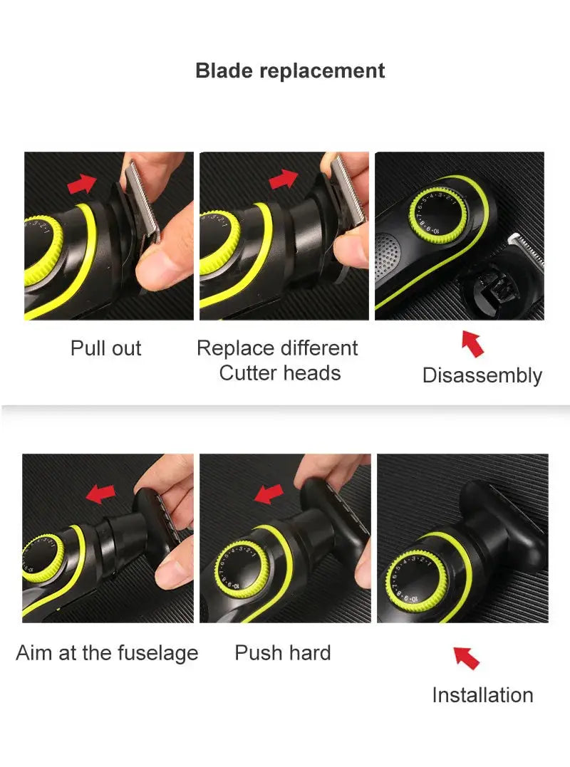 Kemei 696 electric hair clipper by Simples Market; black and yellow 5-in-1 trimmer showing blade replacement steps.