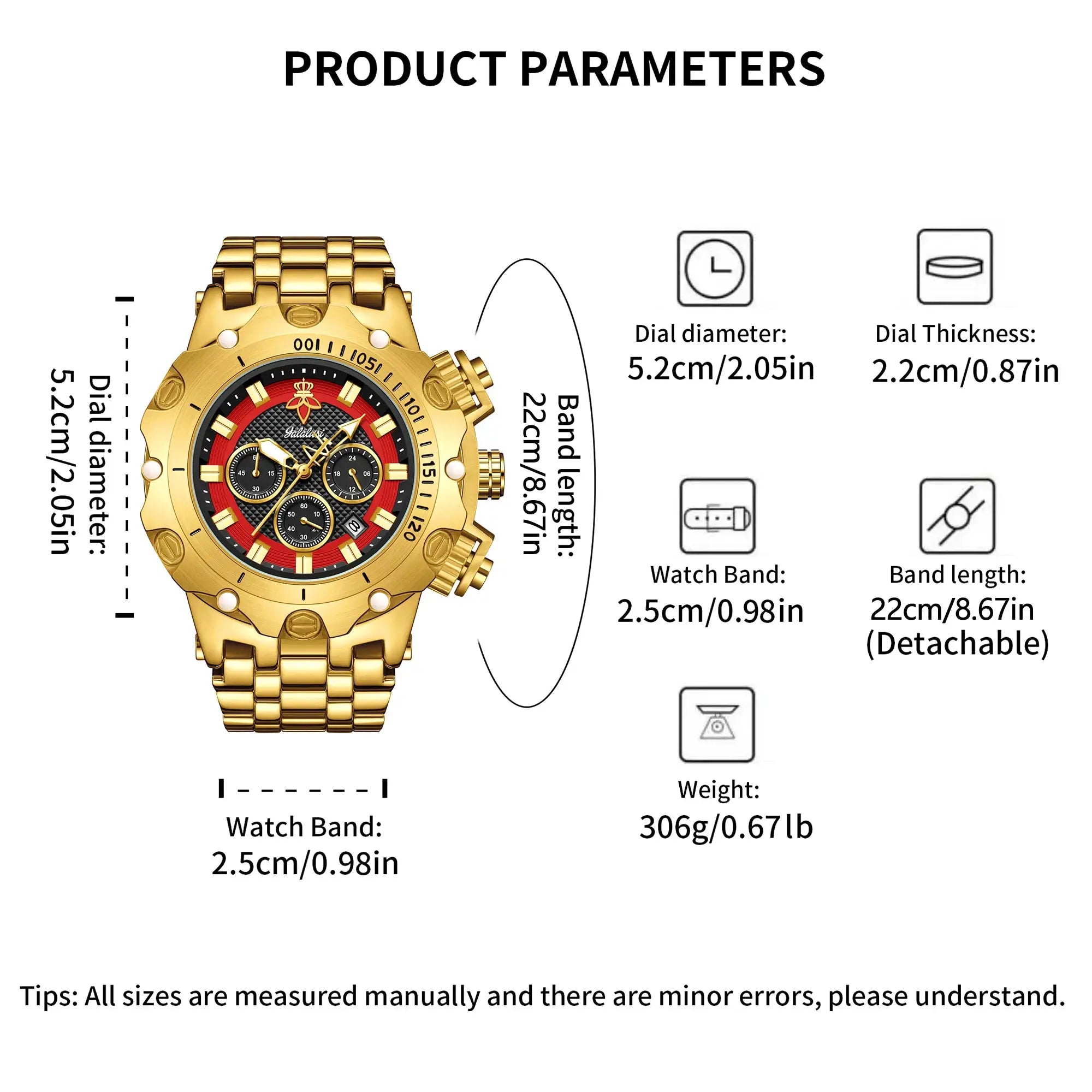 YaLaLuSi men's luxury multifunctional watch with gold-tone bracelet and chronograph dial