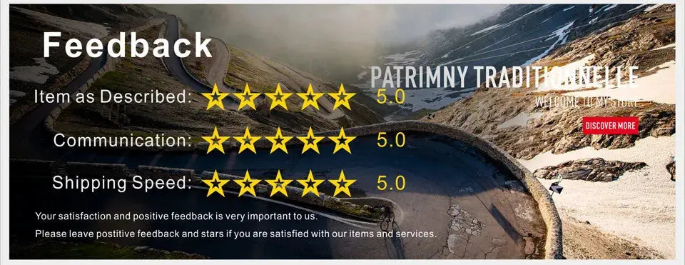Feedback banner on a mountain cycling scene showing Item as Described, Communication, and Shipping Speed ratings at 5.0