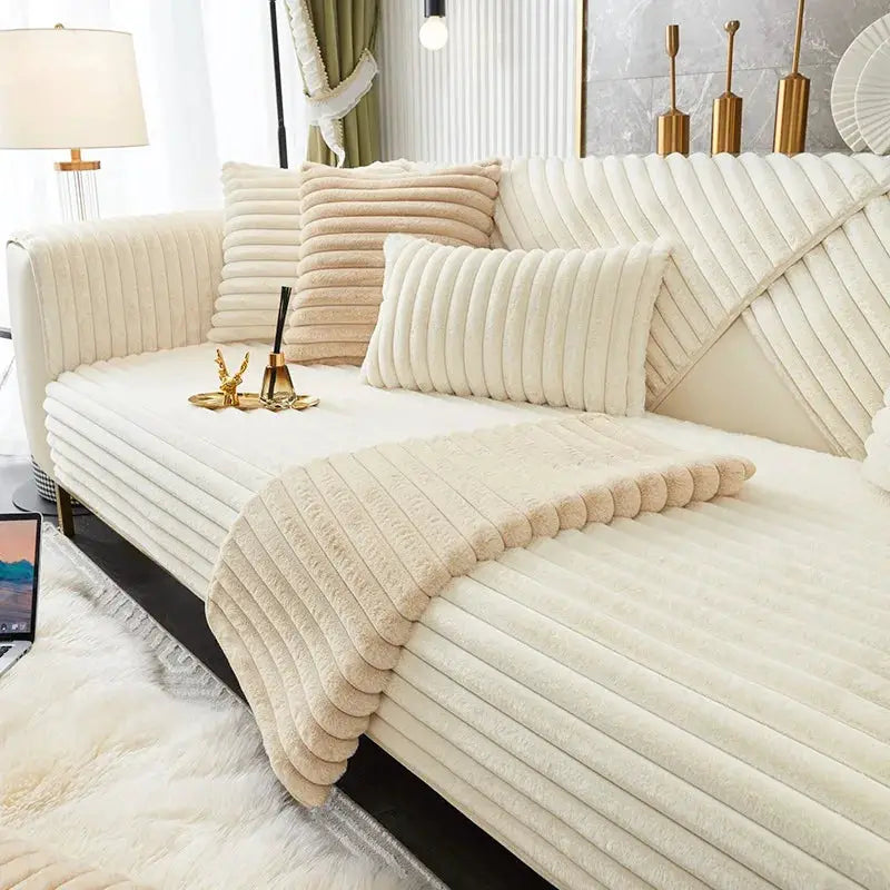 Thick plush stripe faux rabbit fur sofa cover by Simples Market, non-slip winter slipcover for couch in cream