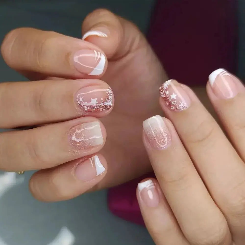 GlamNail Pro 24Pcs Short Square Coffin Press On Nails Set With Glue French Glitter Ballet Style