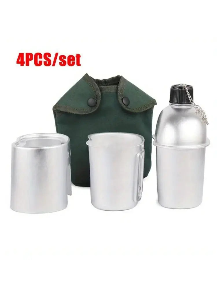 Simples Market 4pc aluminum canteen set with grab-handled cups, water bottle, and green canvas pouch