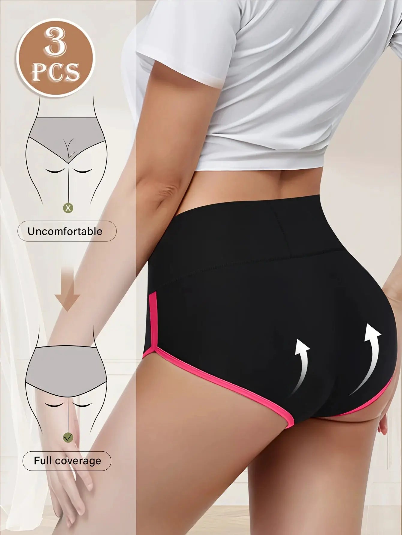 3-pack women's high-waisted tummy-control briefs, black with pink trim and breathable fabric