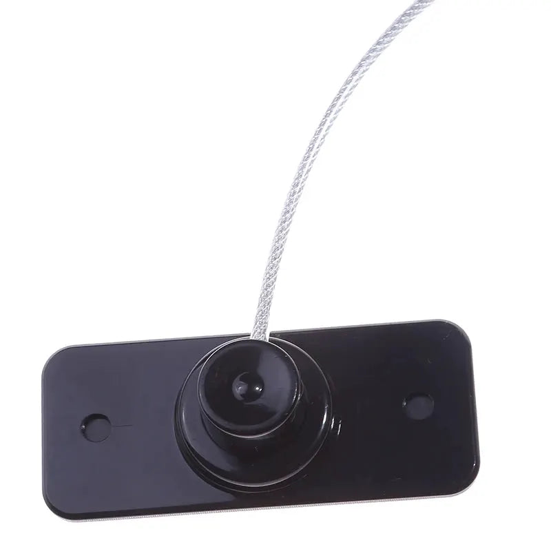 Child safety window lock in black with metal cable.