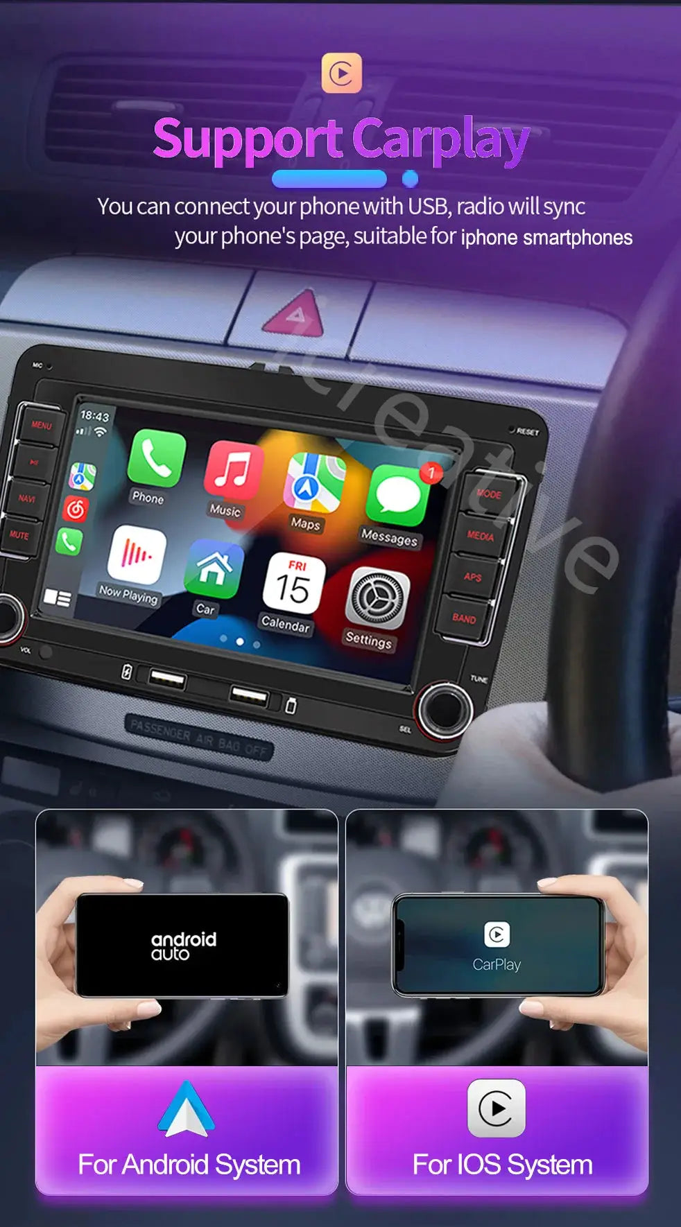 Black 2DIN Android car radio head unit, universal with CarPlay/Android Auto and GPS navigation