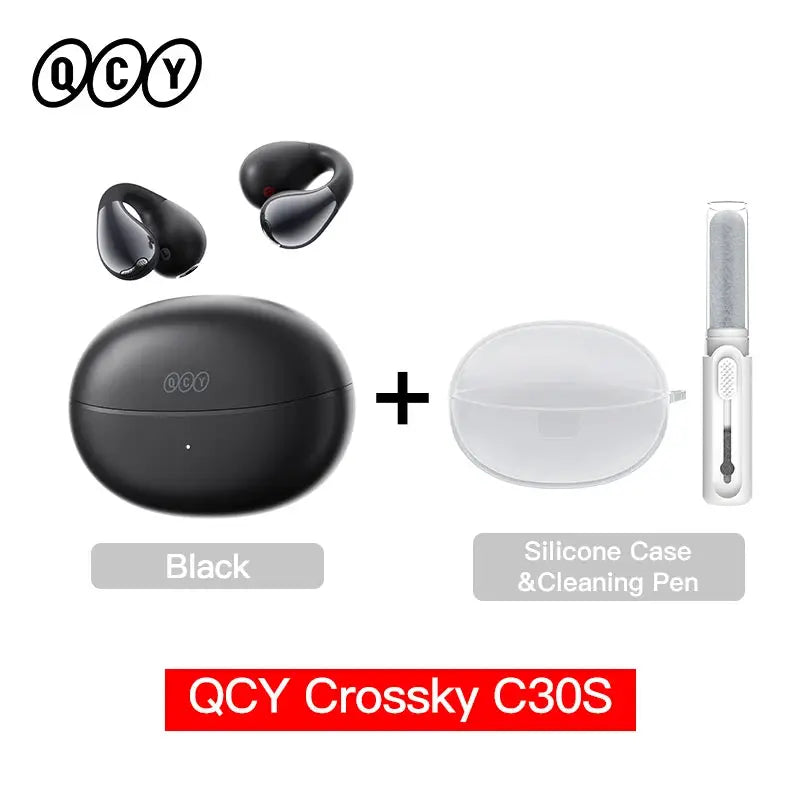 QCY Crossky C30S open-ear wireless earbuds in black with charging case, silicone case and cleaning pen