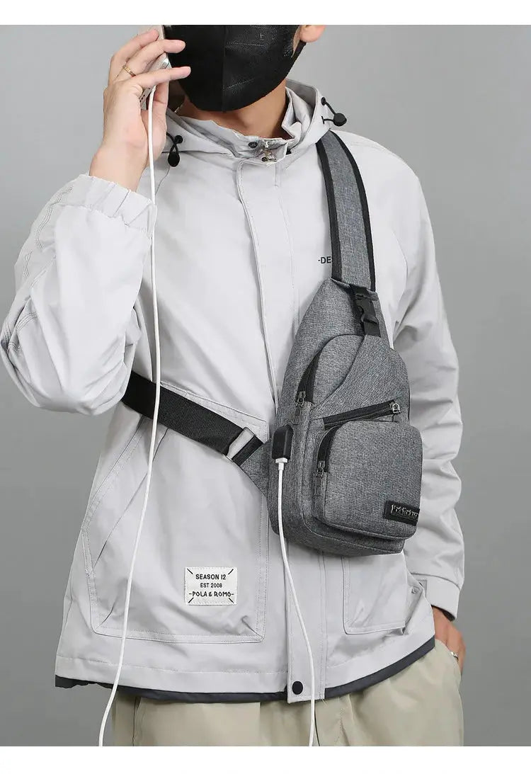 Men's gray lightweight canvas chest bag crossbody with multiple zip pockets by Simples Market
