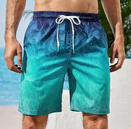 Men's gradient teal palm-leaf board shorts, quick-dry swim trunks