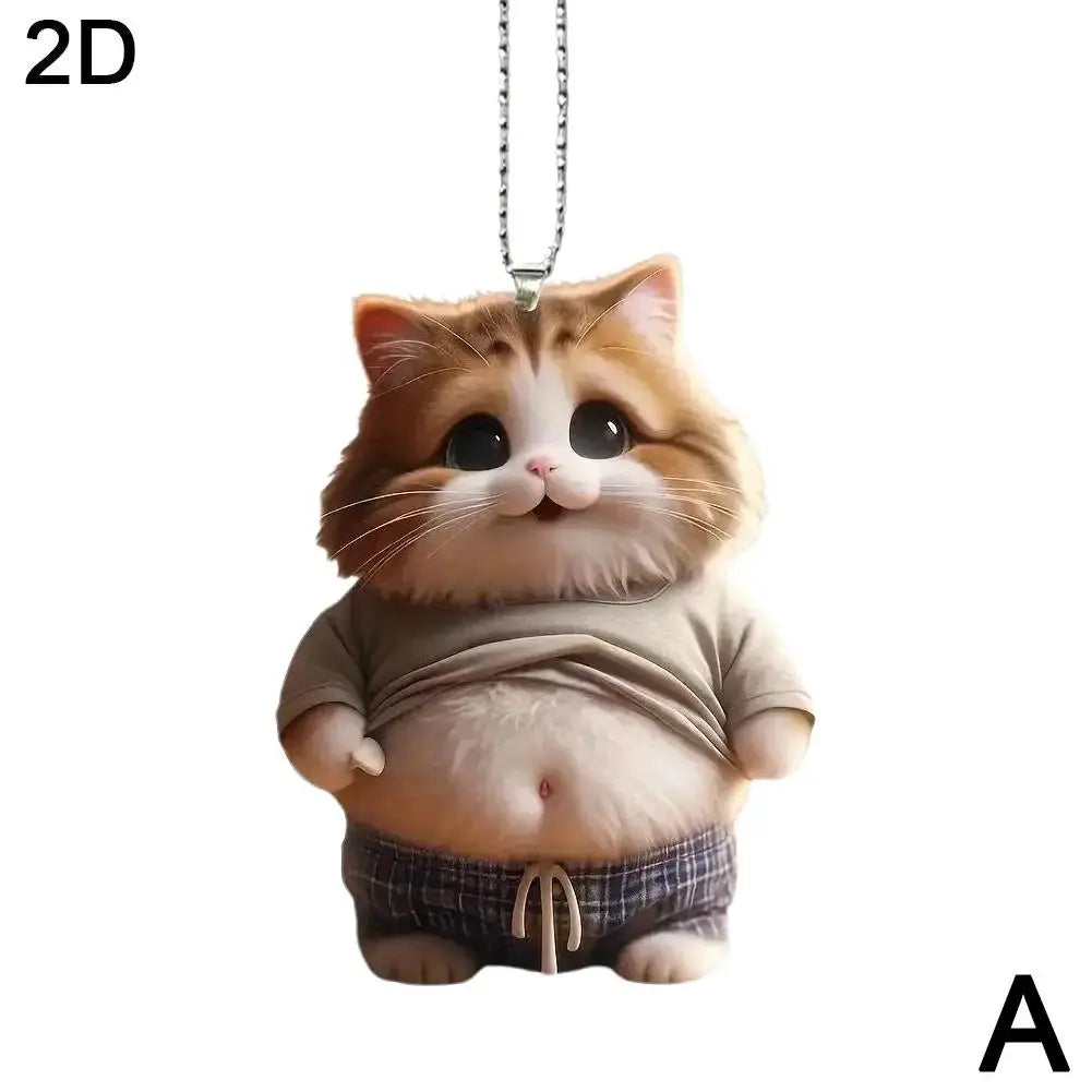 Fat Puppy 2D flat acrylic keychain of a chubby cartoon dog in a beige shirt and plaid shorts for car mirrors.