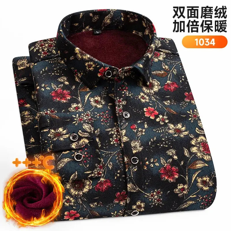 Men's floral print fleece-lined long-sleeve shirt, navy with beige/red flowers, double-sided fleece, Simples Market, 7XL8XL