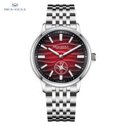Sea-Gull men's automatic wristwatch with stainless steel bracelet and red dial featuring a subdial