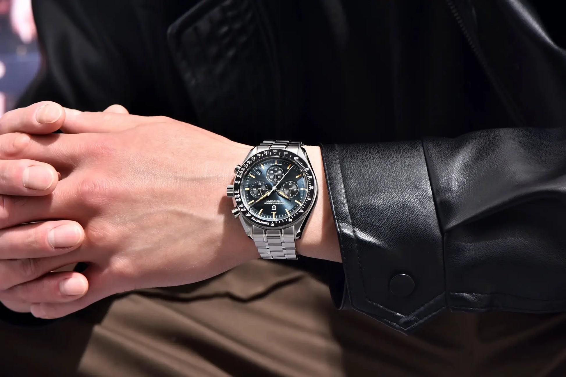 Pagani Design men's luxury chronograph wristwatch with stainless steel bracelet, black dial and tachymeter bezel