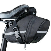 Waterproof bicycle saddle bag mounted under a bicycle seat, showcasing its durable design and secure storage features.