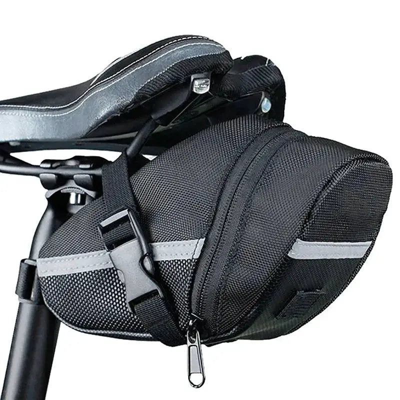Waterproof bicycle saddle bag mounted under a bicycle seat, showcasing its durable design and secure storage features.