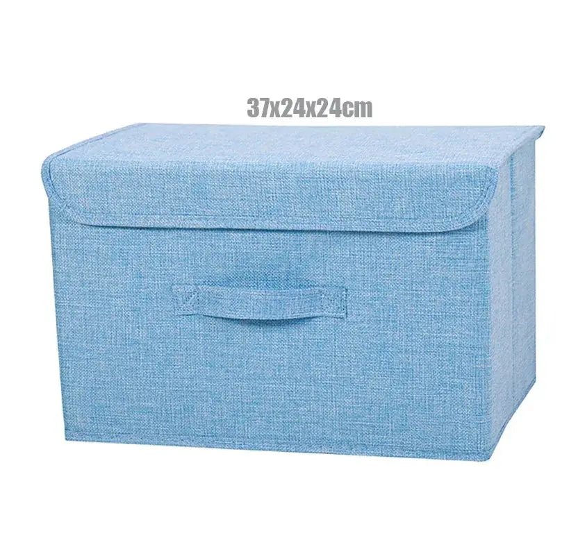 Foldable blue cotton-linen fabric storage box with lid, 37x24x24 cm
