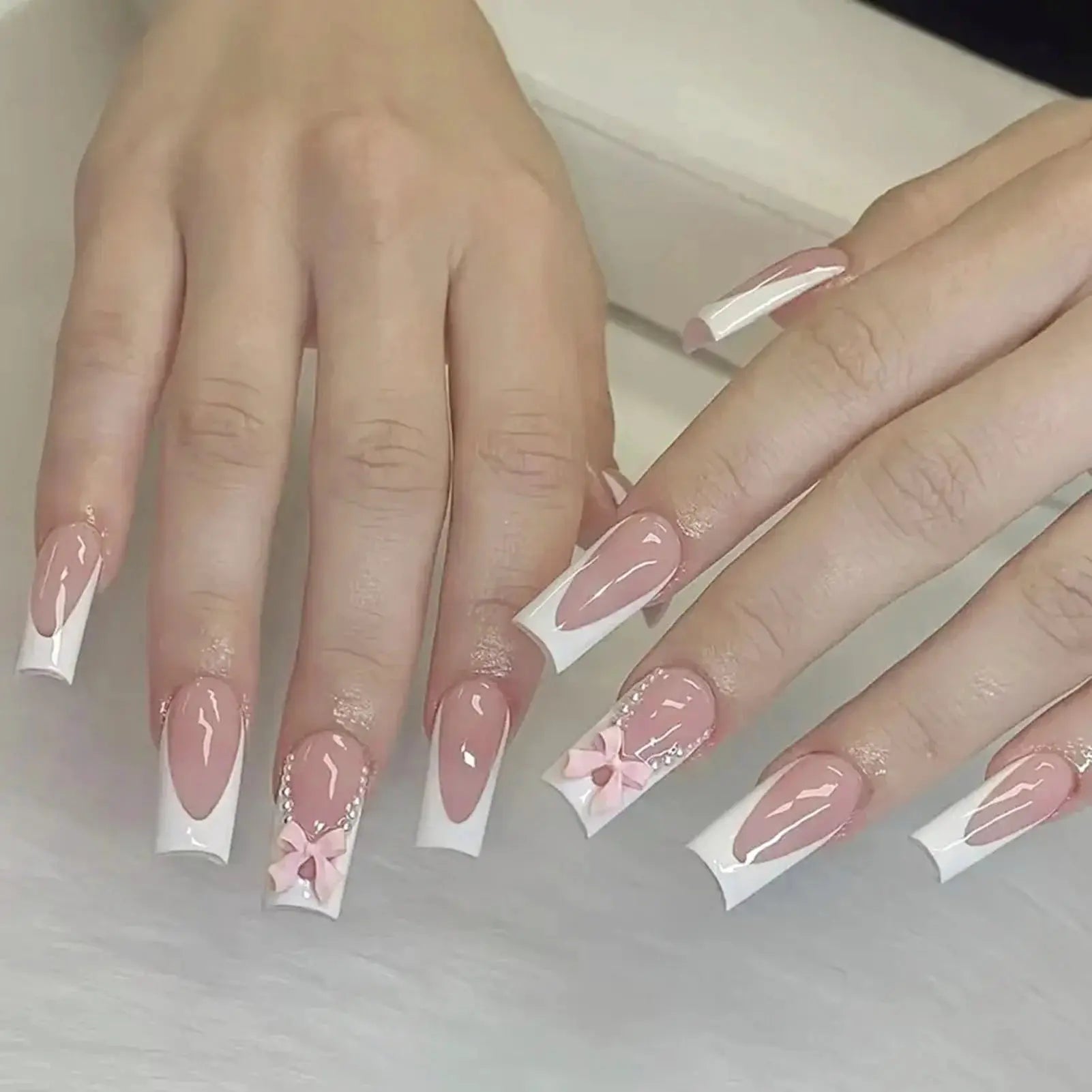 LuxeNail White French Press On Nails 3D Bowknot Full Cover Tips Durable 24Pcs DIY Manicure Set