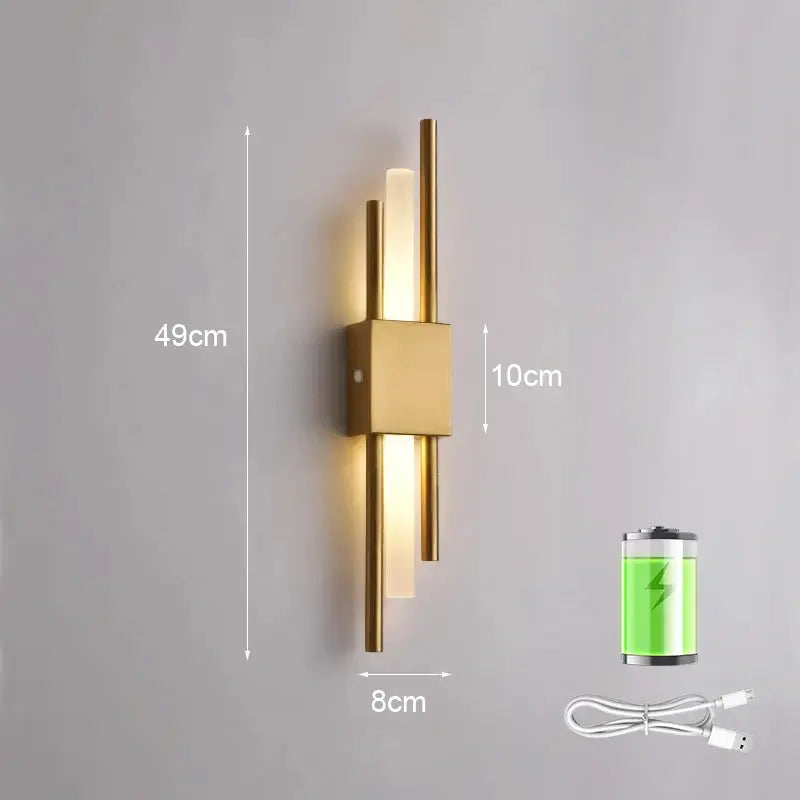 Nordic LED wall lamp in gold brass finish with twin vertical rods and square base, rechargeable with USB cable