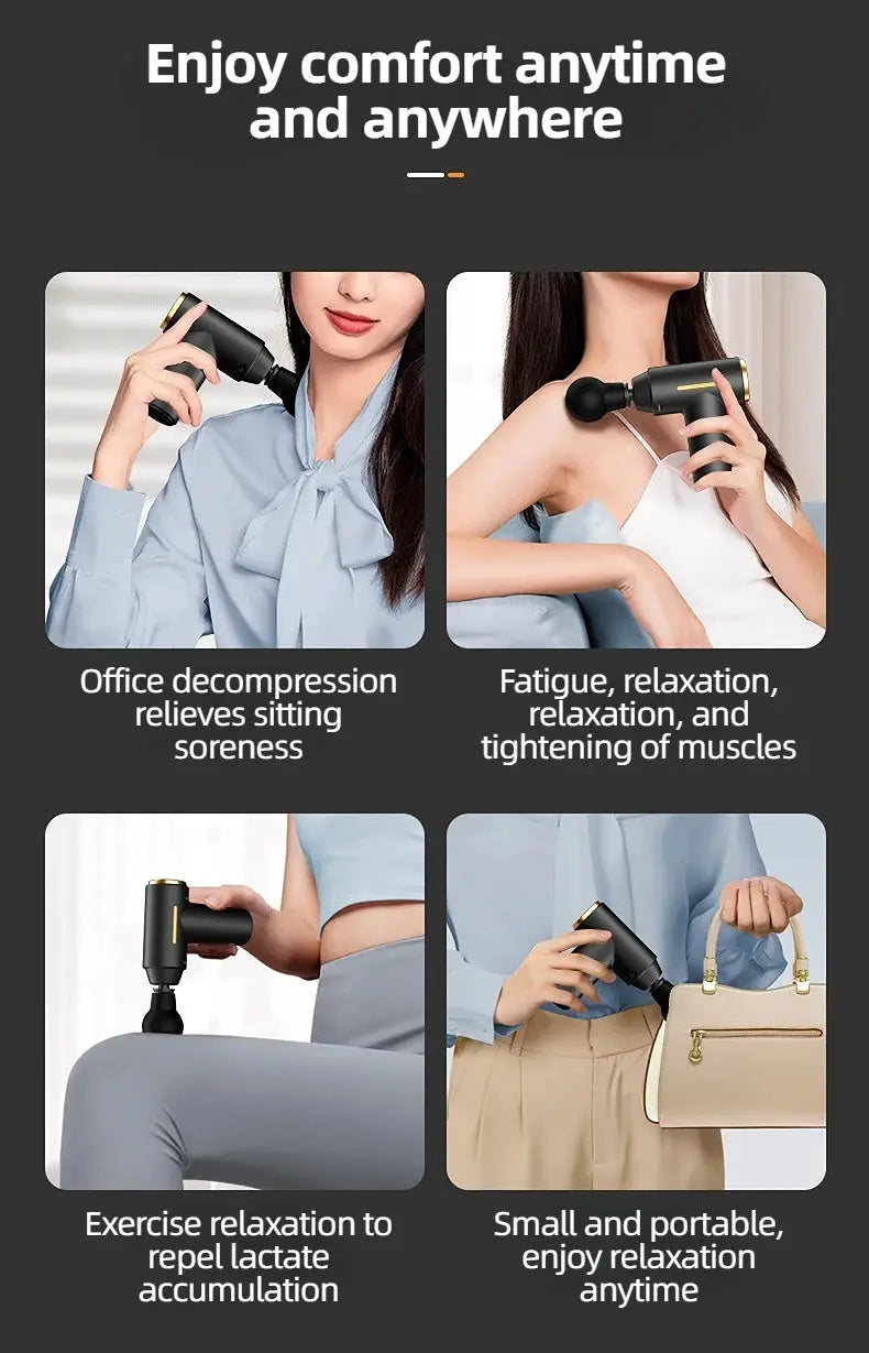 Simples Market portable mini massage gun, black with gold accents, handheld body massager for muscle relief