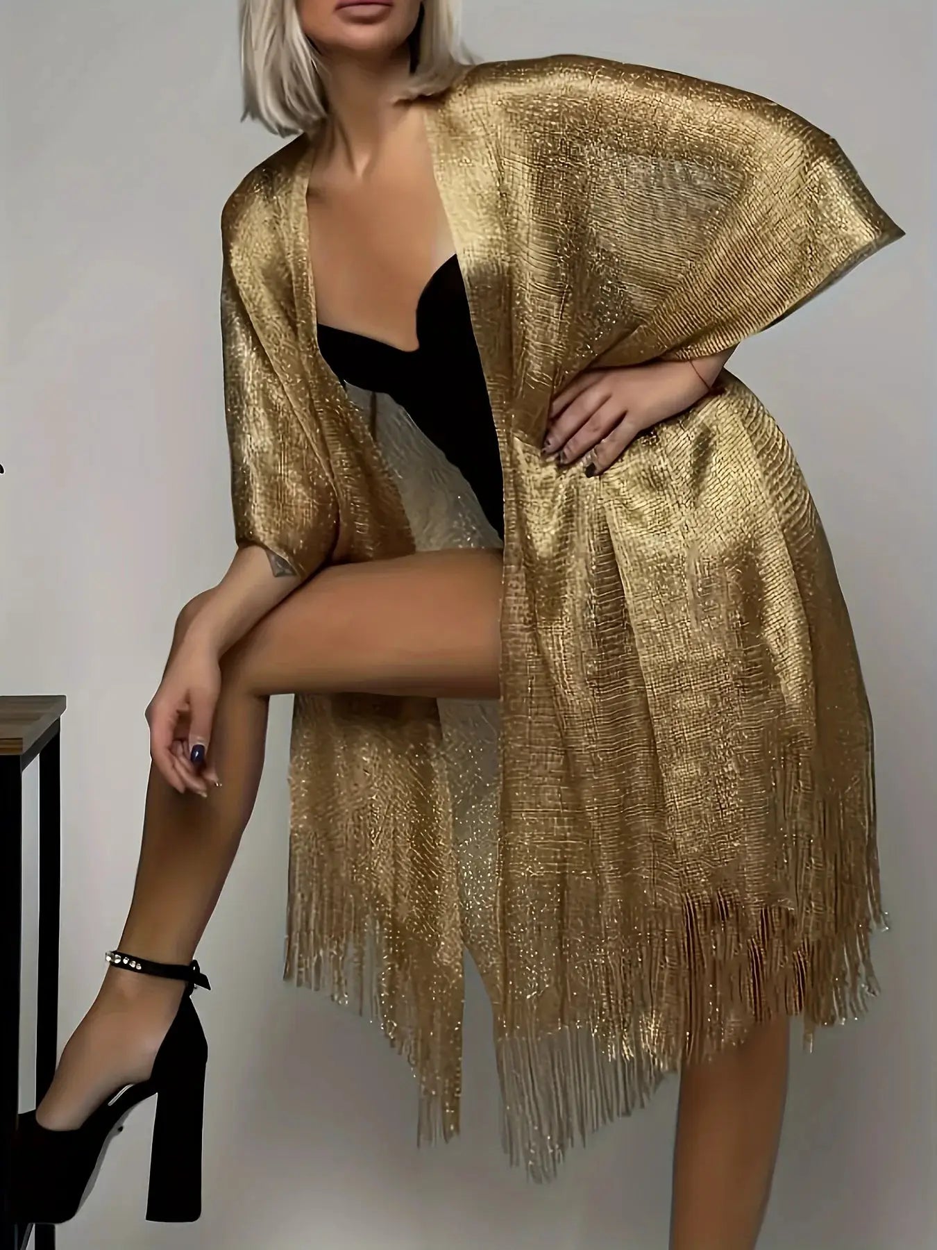 Glitter Shawl Banquet Style For Party And Evening Wear Gold And Silver Shiny Knit Scarf With Tassel