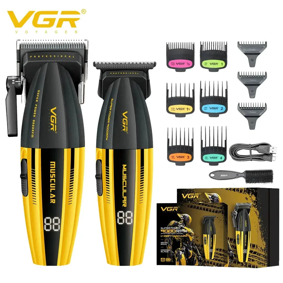 VGR professional hair trimmer set with yellow and black dual clippers, multiple guide combs, USB cable, and brush.