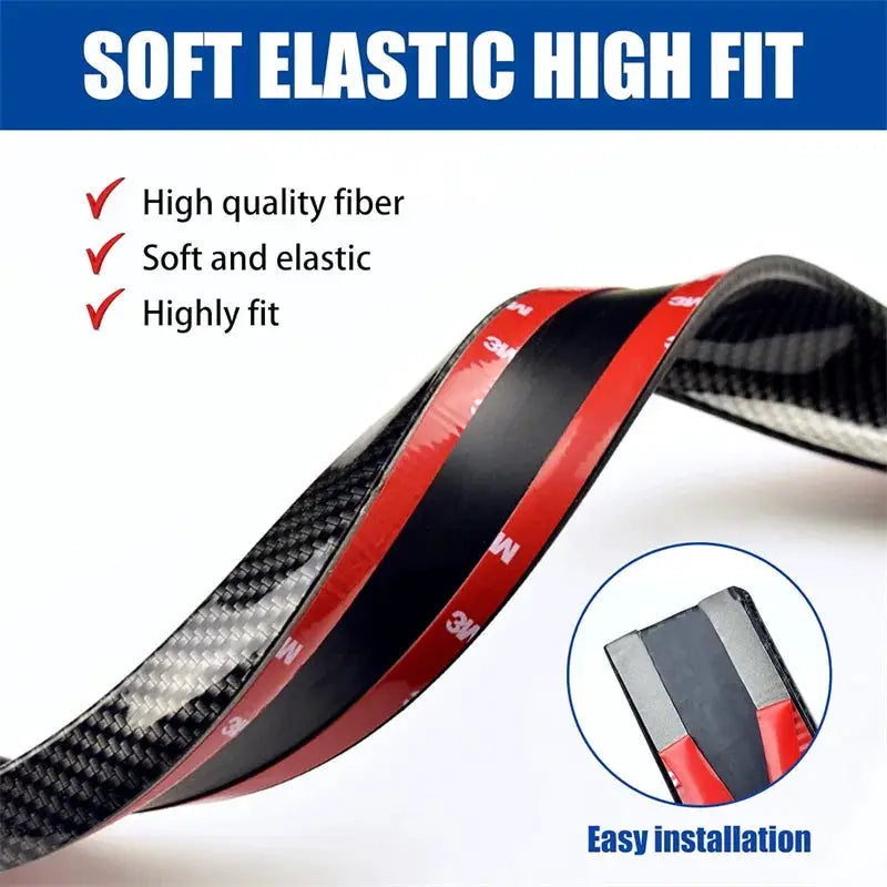 Carbon fiber car spoiler wrap, 1.5m, universal fit with red 3M tape, easy installation.