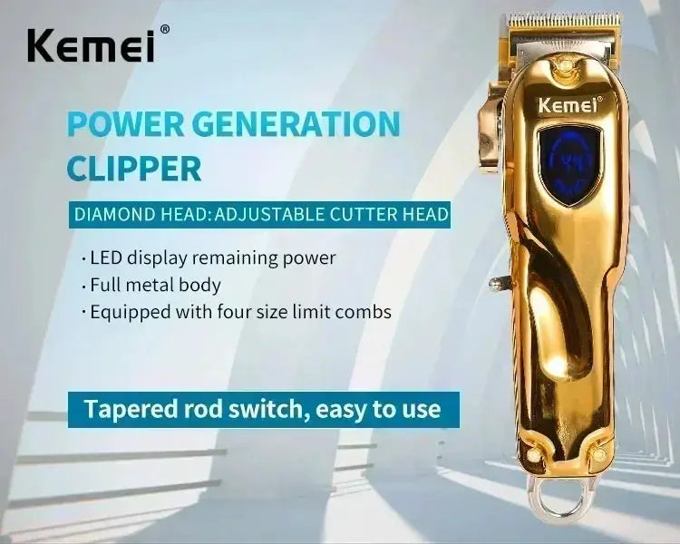 Kemei hair clipper KM-TX1 professional metal body in gold and silver with LED display and adjustable cutter head.