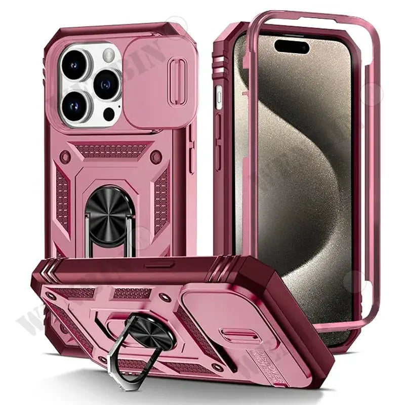 iPhone case Simples Market pink heavy-duty cover with 360-degree kickstand and built-in ring stand
