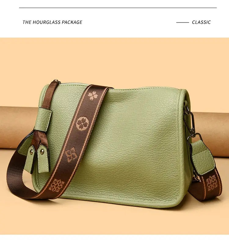 Genuine leather tote bag for women by Simples Market in sage green with brown crossbody strap