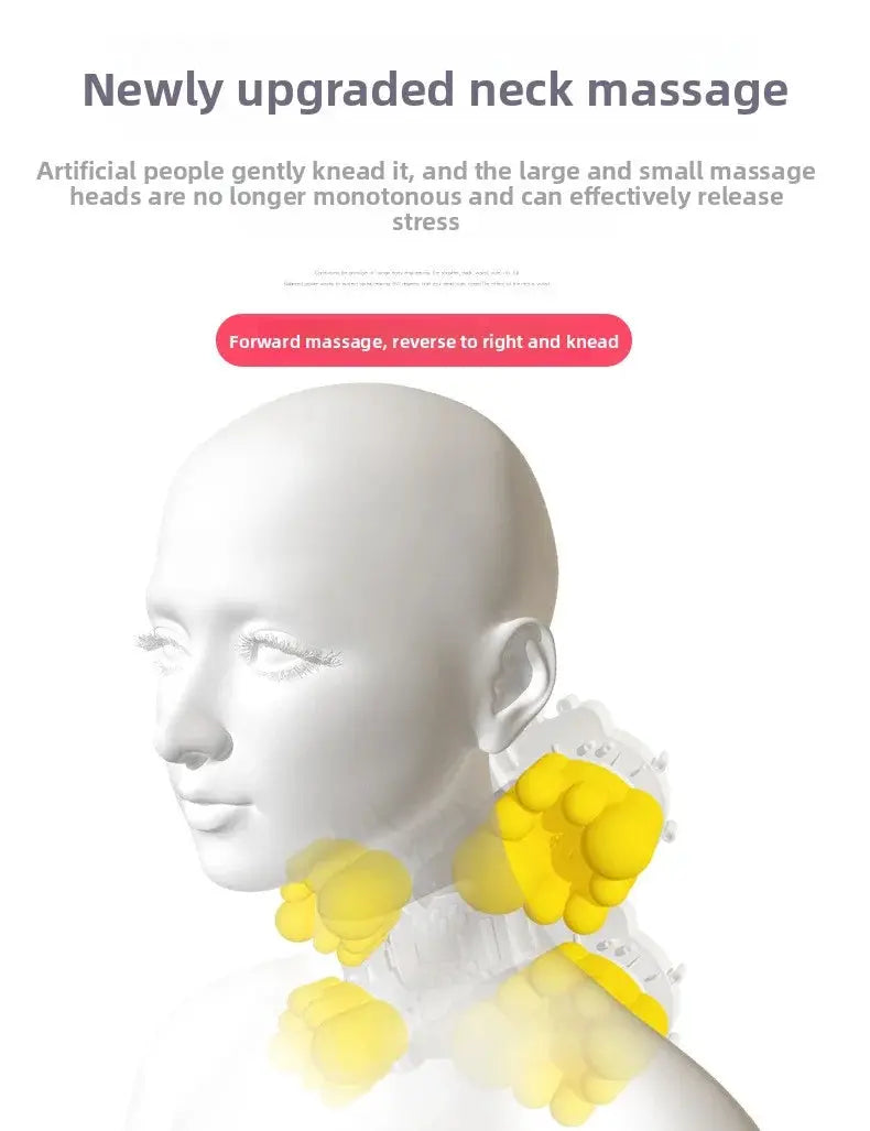 Neck massage device with yellow airbags around the neck, white body, for home use