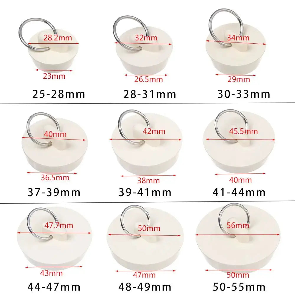 Simples Market 12-piece rubber drain plug set with metal ring for sinks, baths, and laundry (25–55 mm).