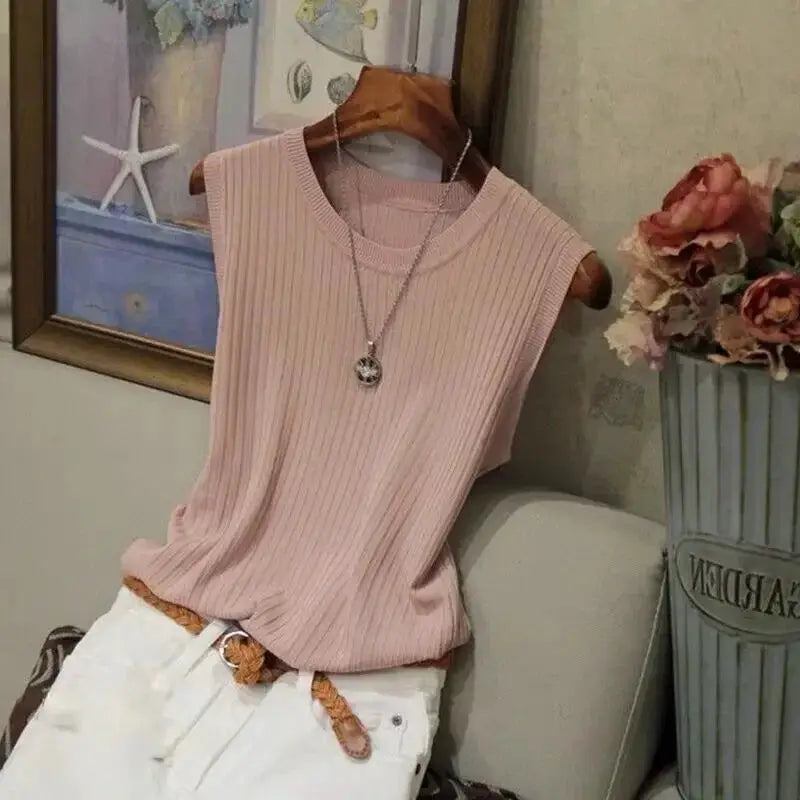 Korea Knitted Vests Women Top Lightweight Breathable High Stretch Polyester Knit For Summer Comfort