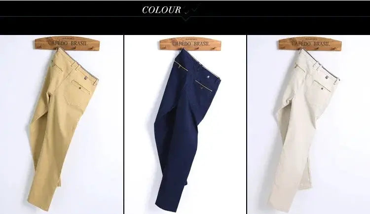 Classic style men's cotton office trousers by Simples Market in beige, navy, and light khaki; 3 pairs