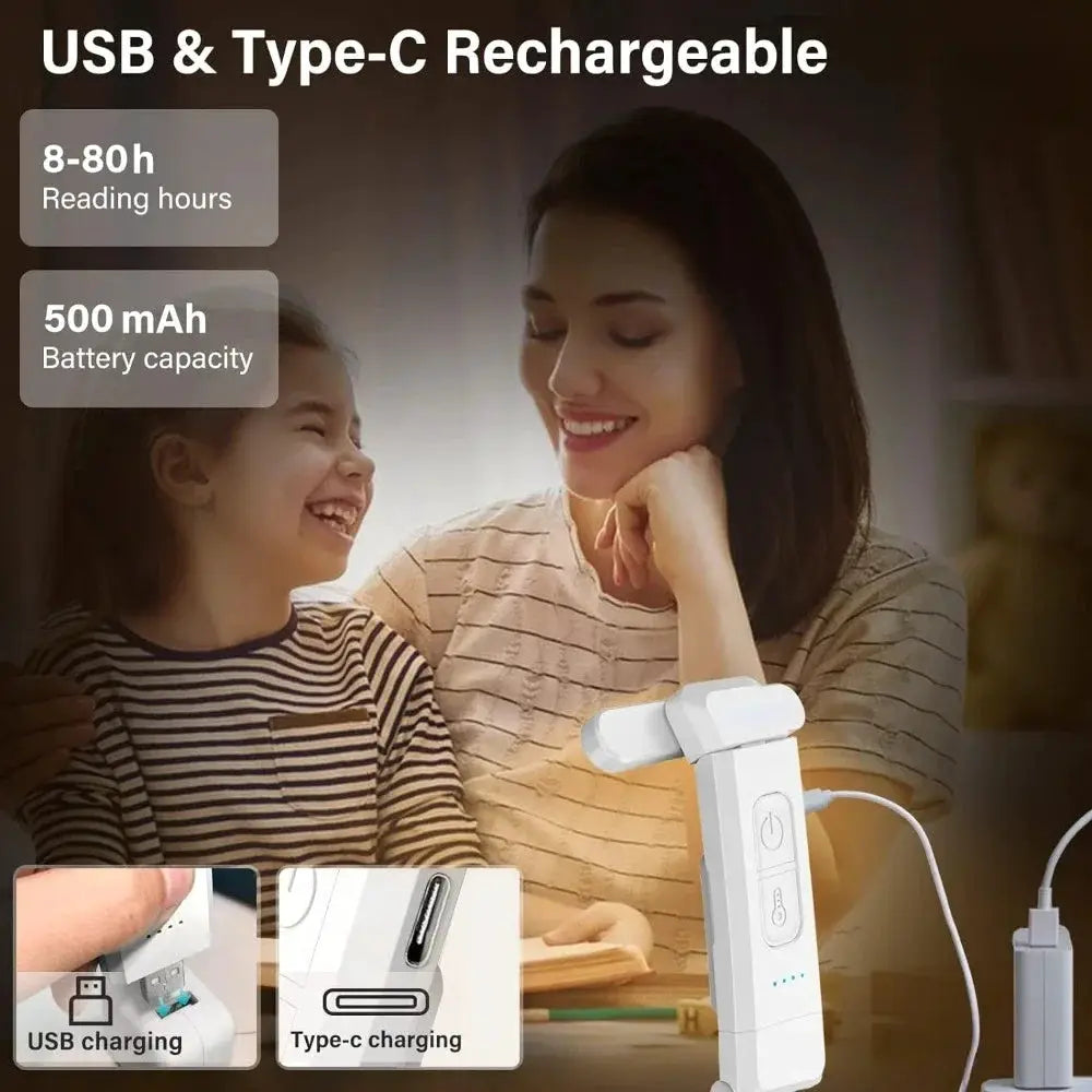 Simples Market white USB-C rechargeable clip-on reading light for bedtime reading.