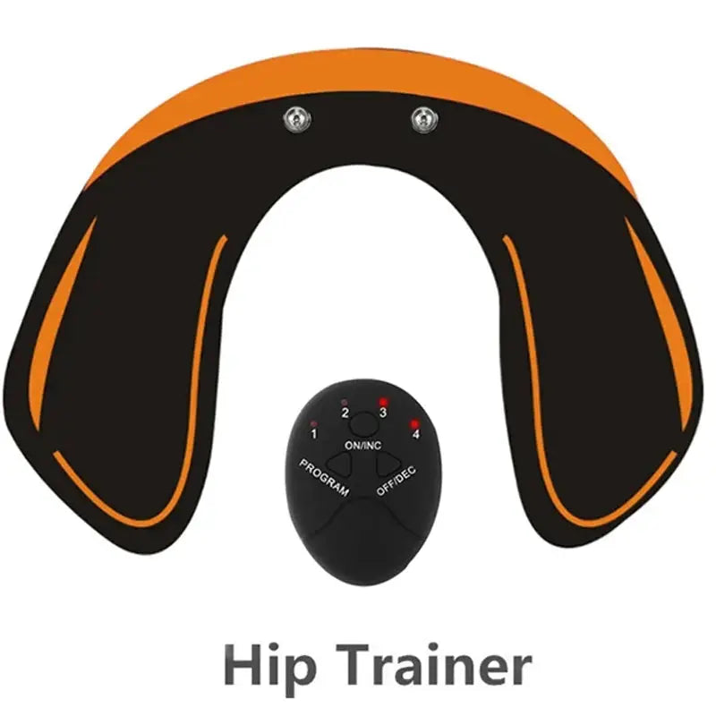 Hip Trainer massager belt, wireless, black with orange trim and accompanying remote control
