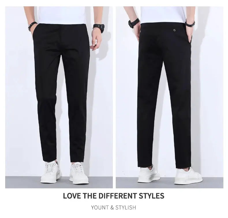 HIQOR men’s thin cotton casual pants in black, Simples Market brand, front and back views