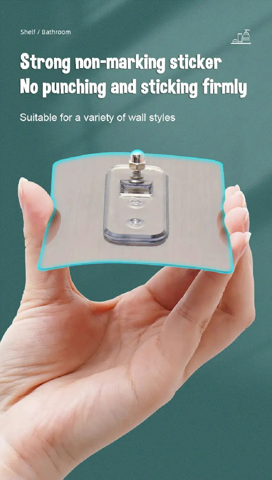 Floating aluminum bathroom corner shelf with no-drill sticker and turquoise edge, held in hand
