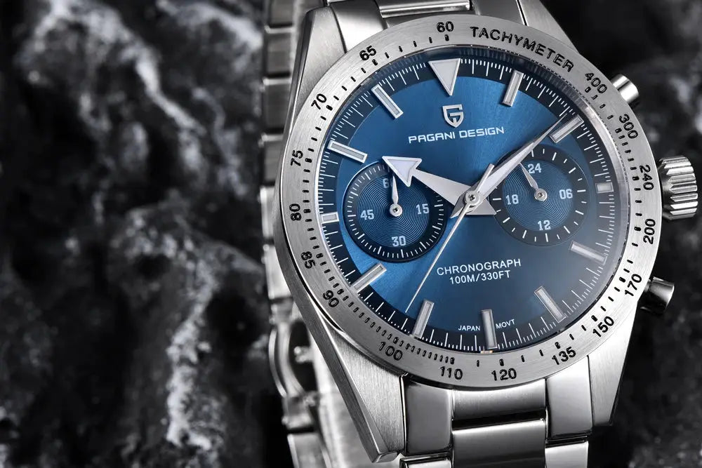 PAGANI DESIGN Retro Luxury Quartz men's watch with blue dial, stainless steel case/bracelet, chronograph