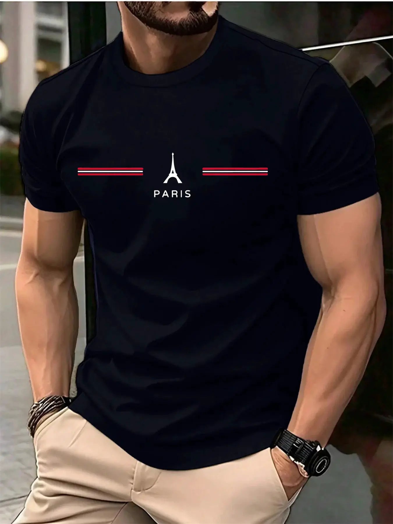 Men's 100 Percent Pure Cotton Summer Loose Oversized Casual T Shirt With Paris Letter Print Round Neck Short Sleeves