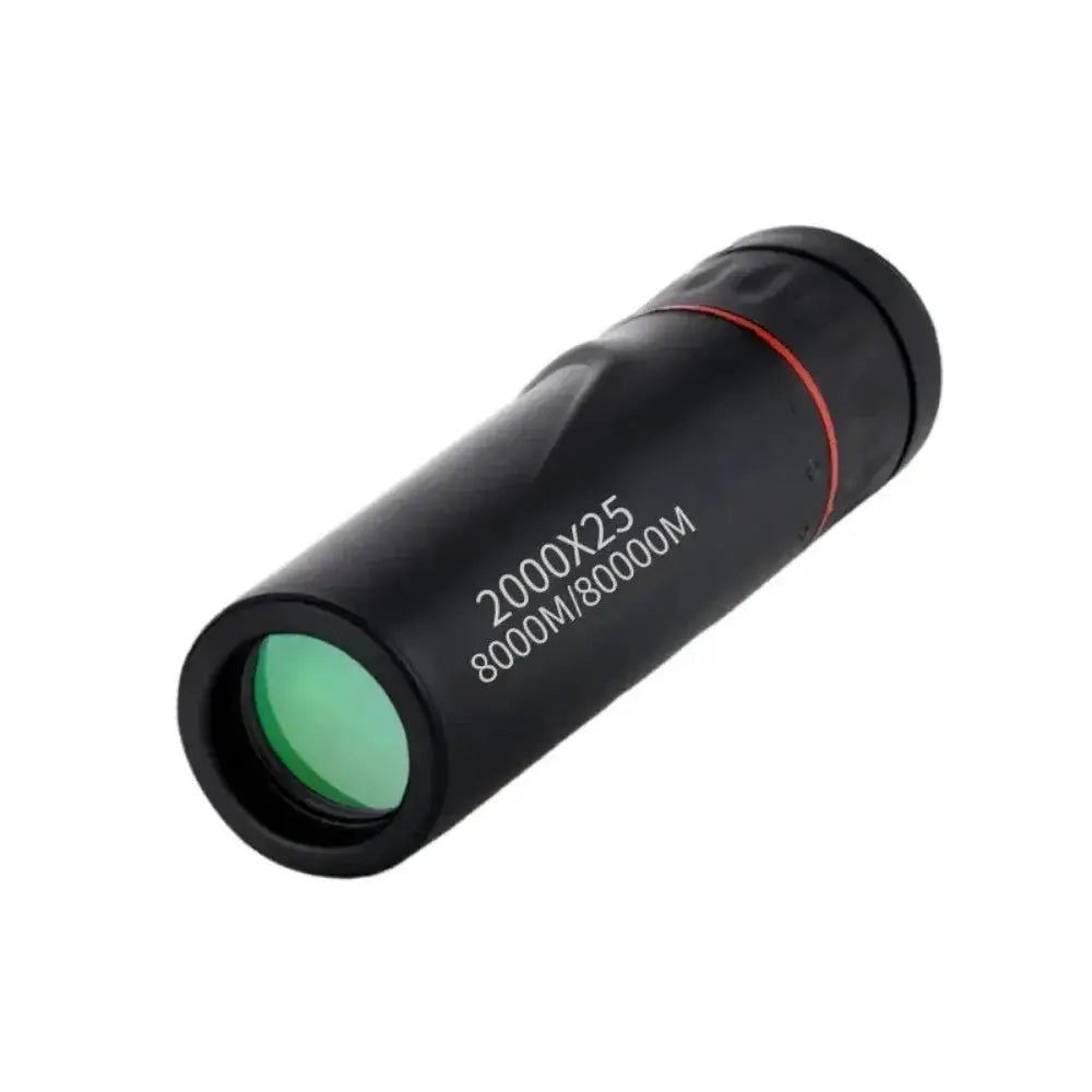 Black monocular telescope with green lens and red ring; 2000x25 magnification for camping and birdwatching.
