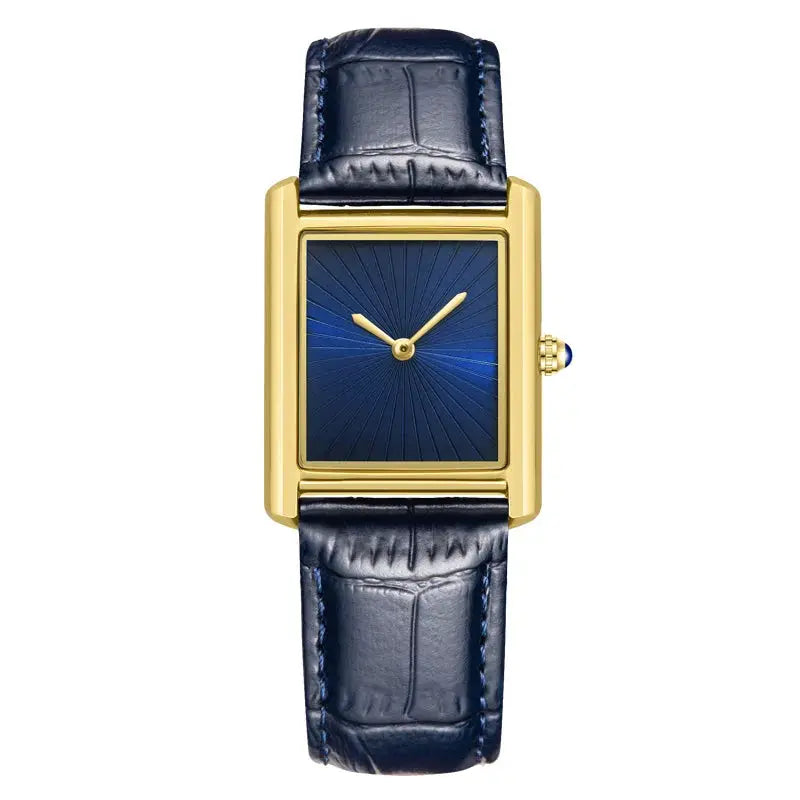 New Classic Square Watch with gold-tone case, blue dial and blue leather strap; quartz waterproof design.