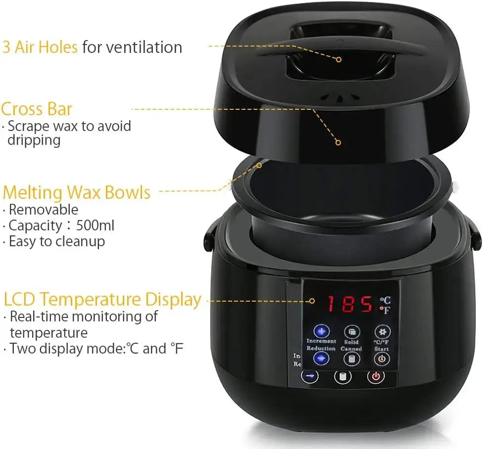 500ml wax heater machine by Simples Market with removable bowls and LCD temperature display in black