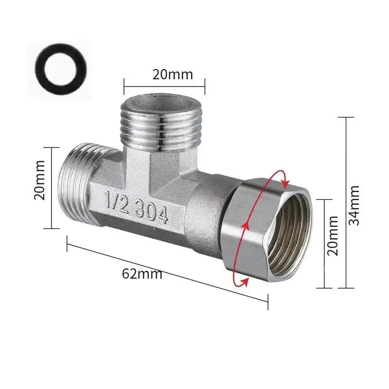G1/2" T-valve diverter, three-way silver metal bathroom water splitter for bidet/shower