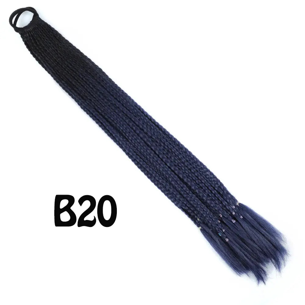 Synthetic gradient braided ponytail extension with elastic band, 24 inches, navy to royal blue.