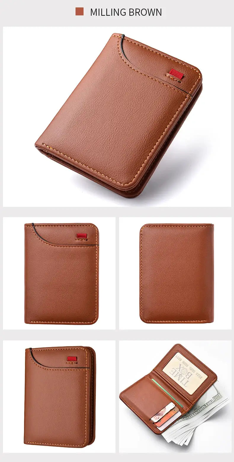 Simples Market men's vertical leather wallet in milling brown with card slots.
