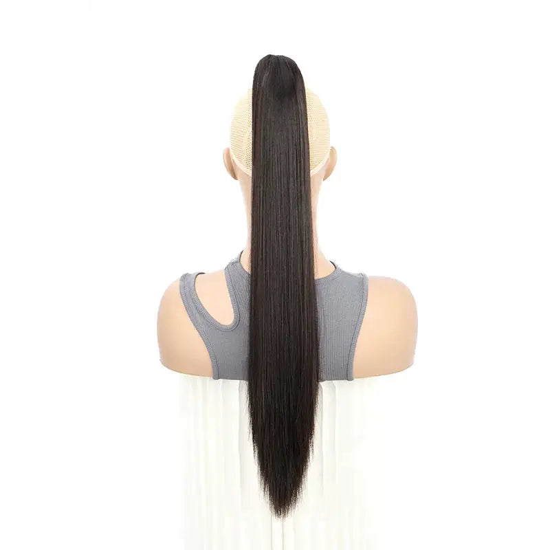 Clip-on ponytail hair extension, 24-inch, synthetic long straight, black, Simples Market