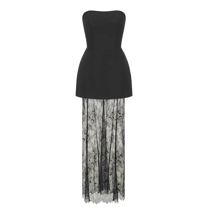 Strapless Lace Dress Set Two Piece Banquet Outfit Backless Elegant High Waist Long Splice Skirt