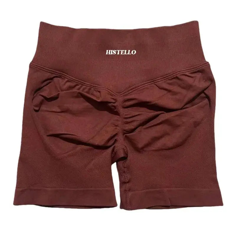 HISTELLO sports shorts, low-waist seamless scrunch back in burgundy, breathable gym/yoga shorts