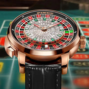PINDU Design NH35A mechanical watch for men in rose-gold case with roulette-style diamond dial and black leather strap.