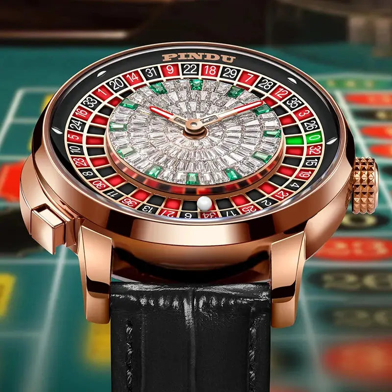 PINDU Design NH35A mechanical watch for men in rose-gold case with roulette-style diamond dial and black leather strap.